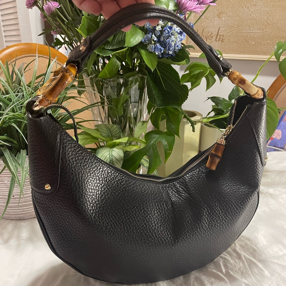 Gucci Black Pebbled Leather Bamboo-Accent Hobo